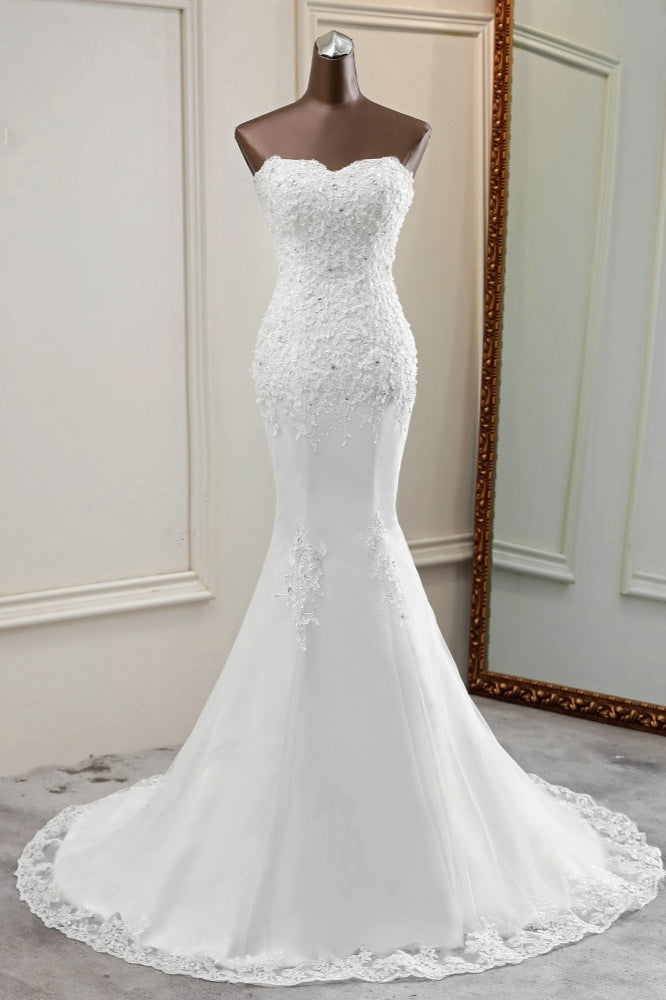 Chic Long Mermaid Strapless Lace Appliques Beaded Wedding Dress