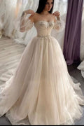 Romantic Lace Long Sleeve Backless Appliques Wedding Dress With Crystal Tulle