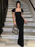 Abito da sera sexy con strass e drappeggio a cascata