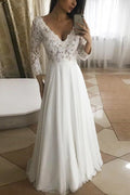 Elegant Long Sleeve V Neck A Line Floral Lace Wedding Dress
