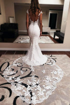 Bmbridal Satin Mermaid Wedding Dress Sleeveless Jewel Neck Chapel Train Lace
