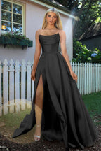 Strapless Sleeveless A Line Long Prom Dress Pleated Split
