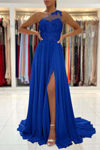 Custom One Shoulder Prom Dress With Lace Appliques And Front Split