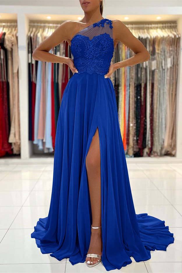 Custom One Shoulder Prom Dress With Lace Appliques And Front Split