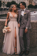 Classy A Line V Neck Tulle Lace Boho Wedding Dress With Slit Appliques