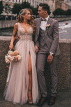 Classy A Line V Neck Tulle Lace Boho Wedding Dress With Slit Appliques