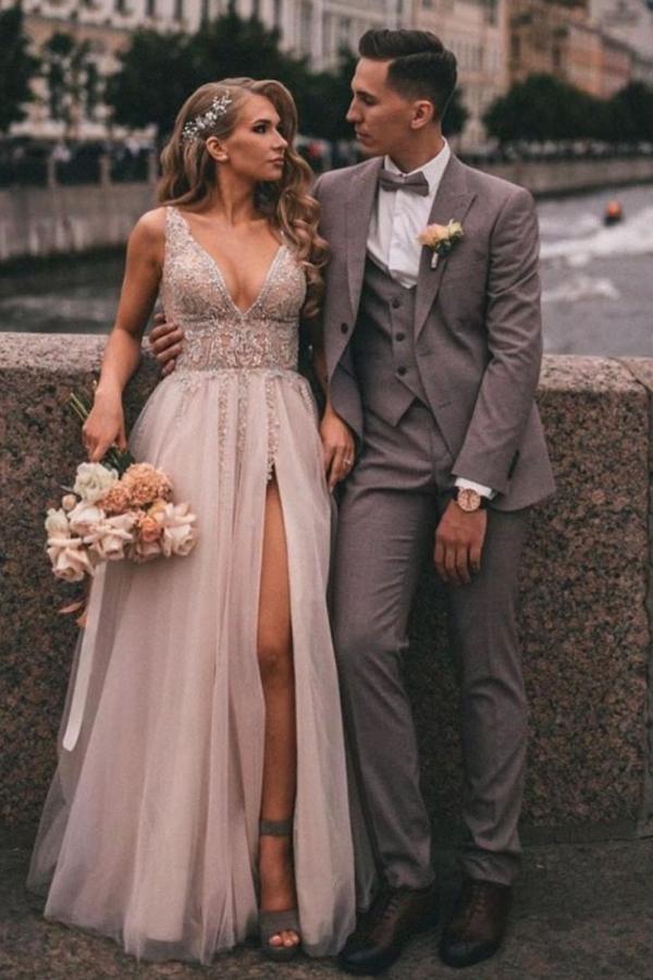 Classy A Line V Neck Tulle Lace Boho Wedding Dress With Slit Appliques