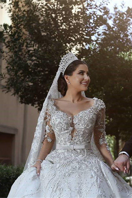 Long Sleeves Beaded Ball Gown Wedding Dress With Lace Appliques