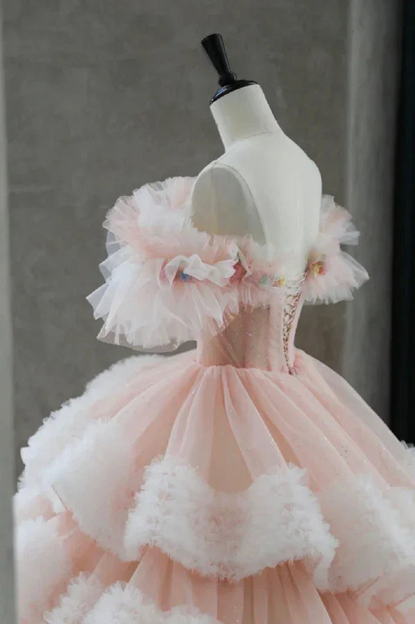 Vestido de Baile com Folhos em Tule Plissado, Camadas, Doce Vestido de Quinze Anos Y7702