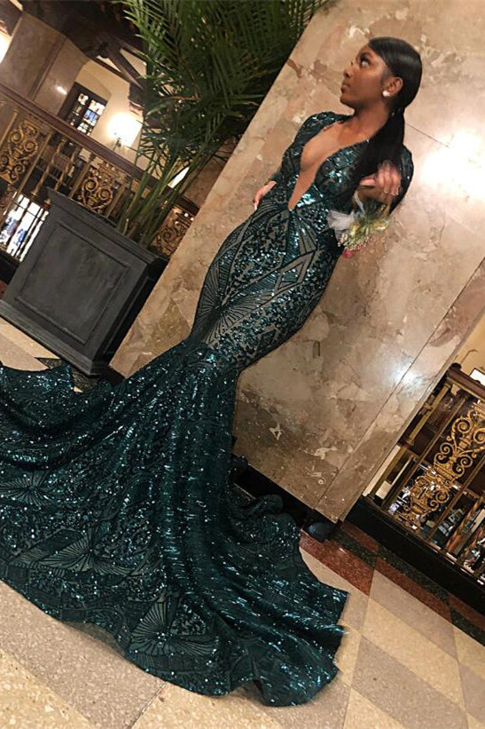 Vestido de Festa Sereia com Decote em V, Mangas Compridas, Renda e Lantejoulas Verde Esmeralda
