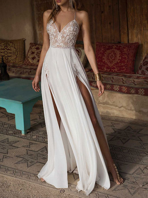 White Mermaid Split Wedding Dress With Lace Applique And Spaghetti Straps