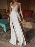 White Mermaid Split Wedding Dress With Lace Applique And Spaghetti Straps
