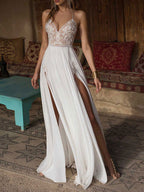 White Mermaid Split Wedding Dress With Lace Applique And Spaghetti Straps