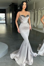 Vestido de Baile Sereia Prateado Cinzento com Alças Finas e Lantejoulas