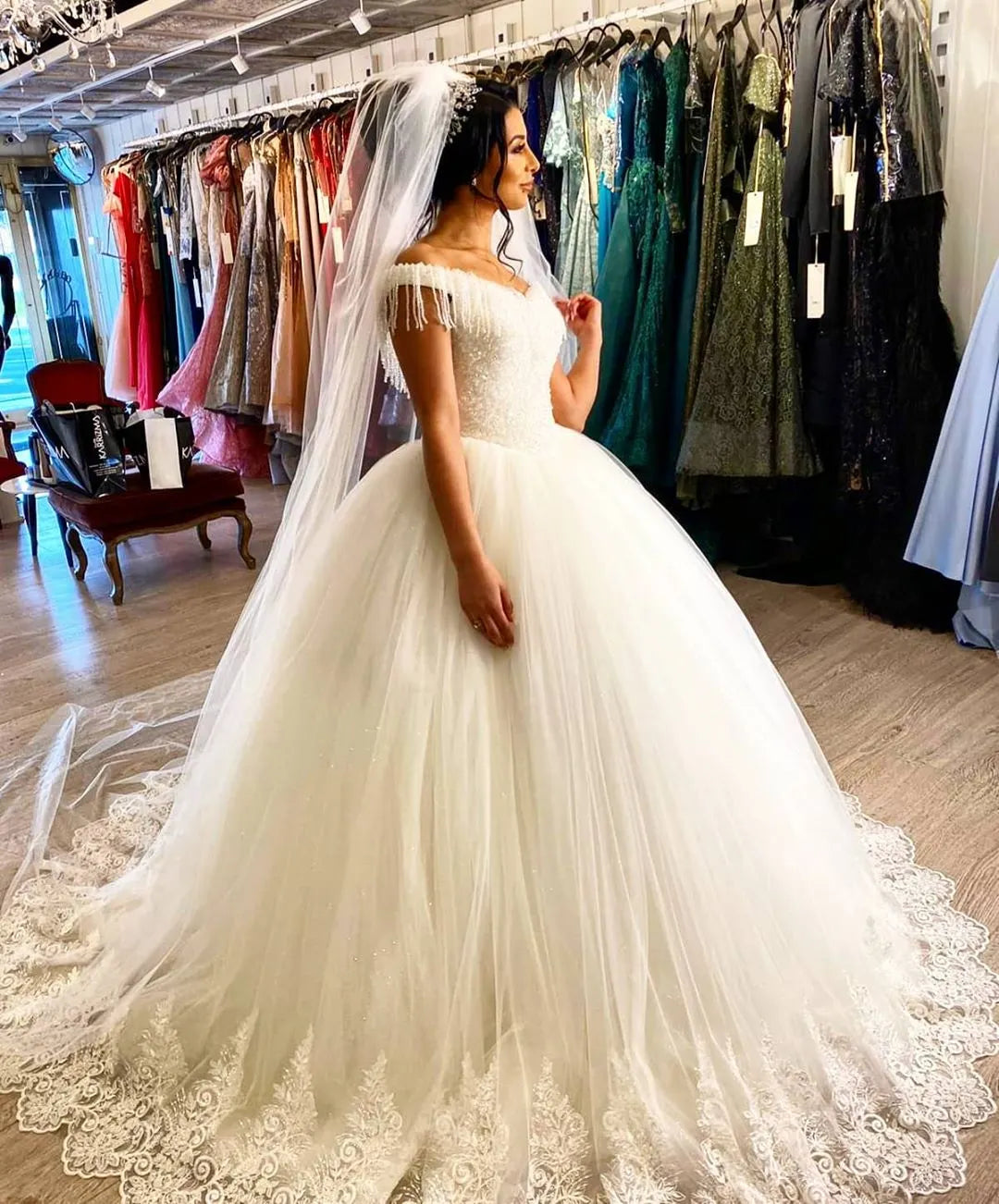Off The Shoulder Beading Backless Floor Length Wedding Dress With Tassel Tulle