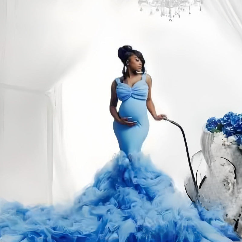 Nouvelle robe photo de grossesse à taille filet souple, queue de poisson, élastique, ample pour grand ventre