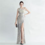 Heavy Industry Ostrich Hair Craft Bundle Hair Evening Dress with Oblique Shoulder Slit