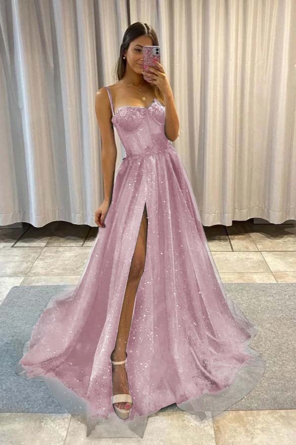 Sequined Spaghetti Strap Sleeveless Long Split Prom Dress