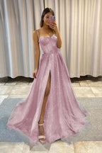 Sequined Spaghetti Strap Sleeveless Long Split Prom Dress