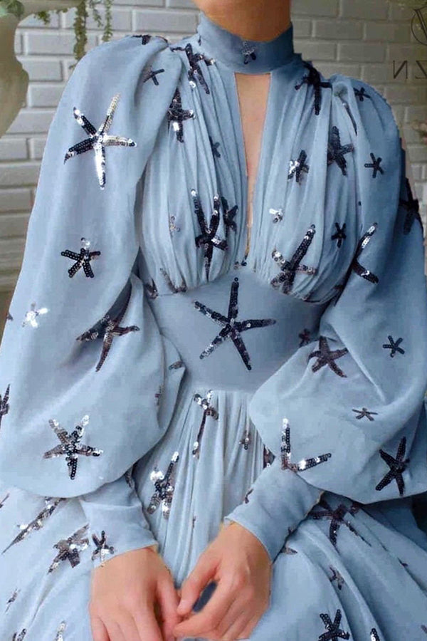 Grand Evening Chiffon-Maxikleid mit Stern-Pailletten und Laternenärmeln 
