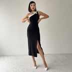 TARUXY Collare Asimmetrico ad Arco Abito Midi Sexy Spaccato Donna Colore Contrastante Senza Maniche Elegante Abito da Sera per Club Abbigliamento alla Moda con Inserti