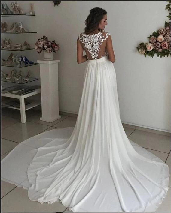 Modern Long Slit A-Line V-Neck Wedding Dress With Chiffon Lace