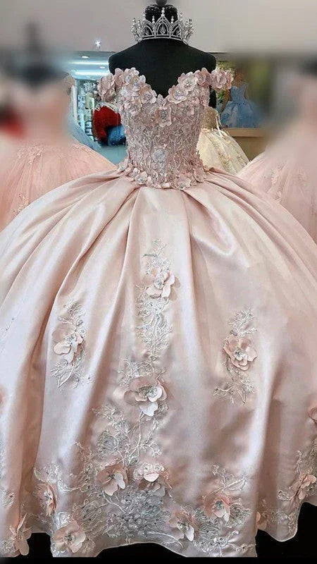 Vestido de Baile Rosa com Ombros Descobertos e Flores 3D Vestido de Quinceanera Vestido Rosa Doce 16 Y714