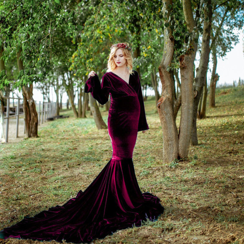 Robe longue en velours doré pour femme enceinte, col en V, traîne queue de poisson, robe de photographie