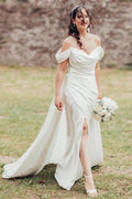 A-Line Elegant V-Neck Off-The Shoulder Split Front Strapless Wedding Dresses with Ruffles