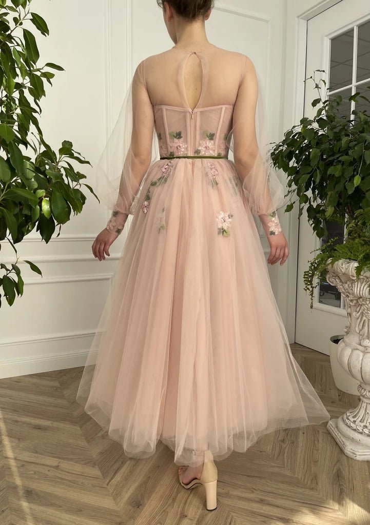 A Line Scoop Long Sleeve Tulle Prom Dress with Floral Embroidery