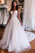 A-Line Sleeveless Floor-Length Tulle Sweetheart Wedding Dresses with Appliques