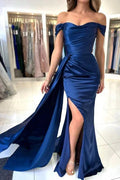 A-Line Stain Royal Blue Sweetheart Split Front Off-the-Shoulder Strapless Prom Dresses with Ruffles