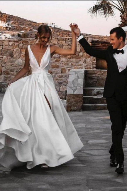 Elegant Long A Line V Neck Split Front Sleeveless Wedding Dress With Ruffles