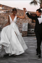 Elegant Long A Line V Neck Split Front Sleeveless Wedding Dress With Ruffles