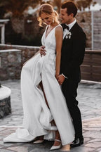 Elegant Long A Line V Neck Split Front Sleeveless Wedding Dress With Ruffles