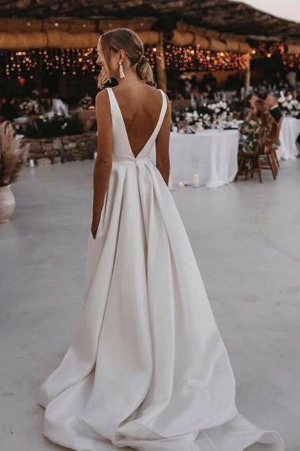 Elegant Long A Line V Neck Split Front Sleeveless Wedding Dress With Ruffles