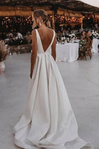 Elegant Long A Line V Neck Split Front Sleeveless Wedding Dress With Ruffles