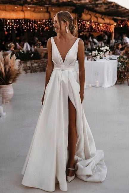 Elegant Long A Line V Neck Split Front Sleeveless Wedding Dress With Ruffles