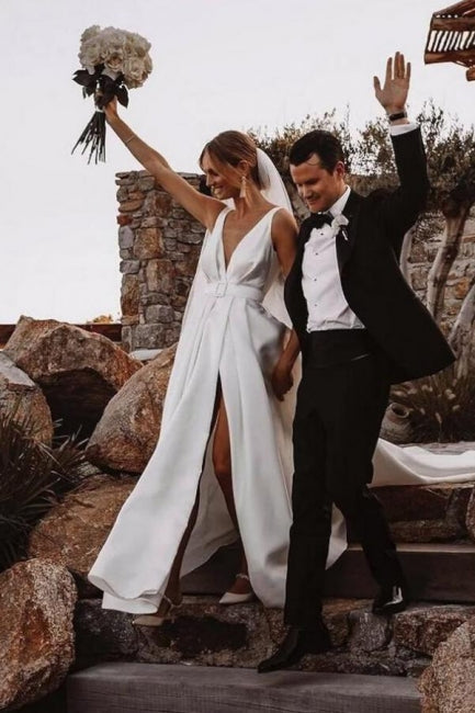 Elegant Long A Line V Neck Split Front Sleeveless Wedding Dress With Ruffles