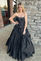 A-Line Beaded Strapless Corset Black Prom Dress with Bows