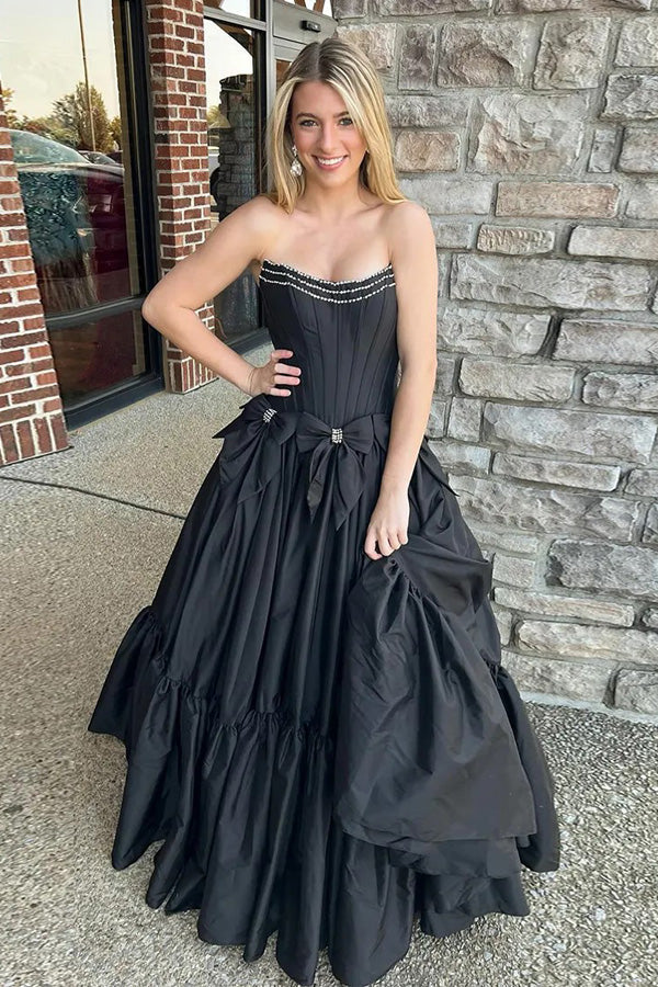 A-Line Beaded Strapless Corset Black Prom Dress with Bows