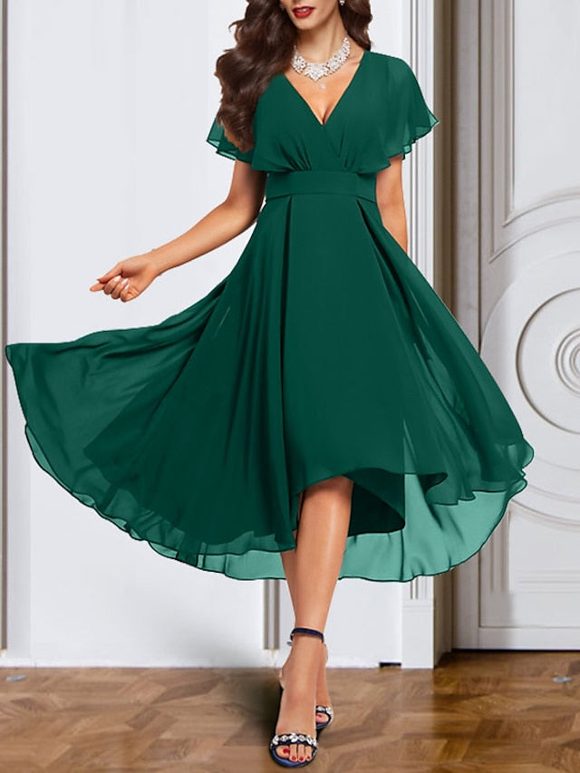 V-Neck Short Sleeve Chiffon Mother of the Bride A-Line Dress with Belt