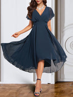 A-Line/Princess Chiffon V Neck Short Sleeves Mother of the Bride Dresses with Belt