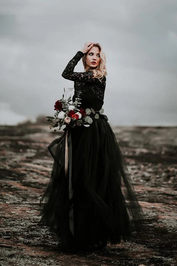 A-Line Lace Appliqued Black Wedding Dress Boho Bridal Gown