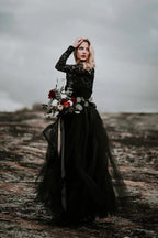 A-Line Lace Appliqued Black Wedding Dress Boho Bridal Gown