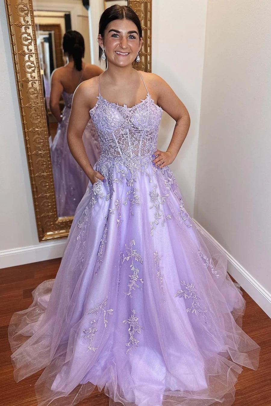 A-Line Lavender Tulle Applique Lace Up Back Prom Evening Dress