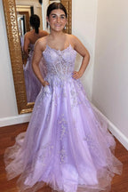 A-Line Lavender Tulle Applique Lace Up Back Prom Evening Dress