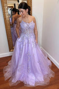 A-Line Lavender Tulle Applique Lace Up Back Prom Evening Dress