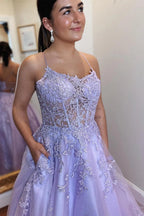 A-Line Lavender Tulle Applique Lace Up Back Prom Evening Dress
