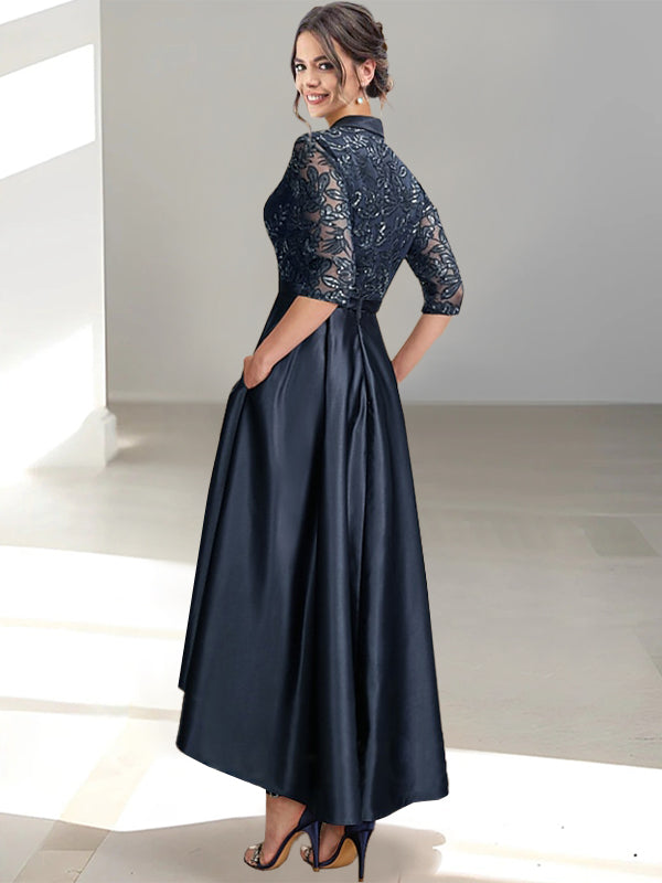 V Neck Tea Length Sheath Dresses For Mother Of The Bride Elegant
